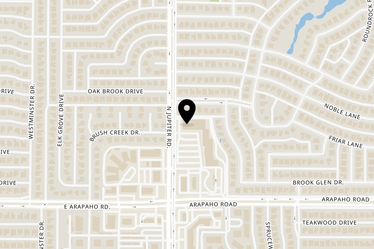 Map showing the location of Soprano's Pizza and Pasta on 5148 N Jupiter Rd in Garland